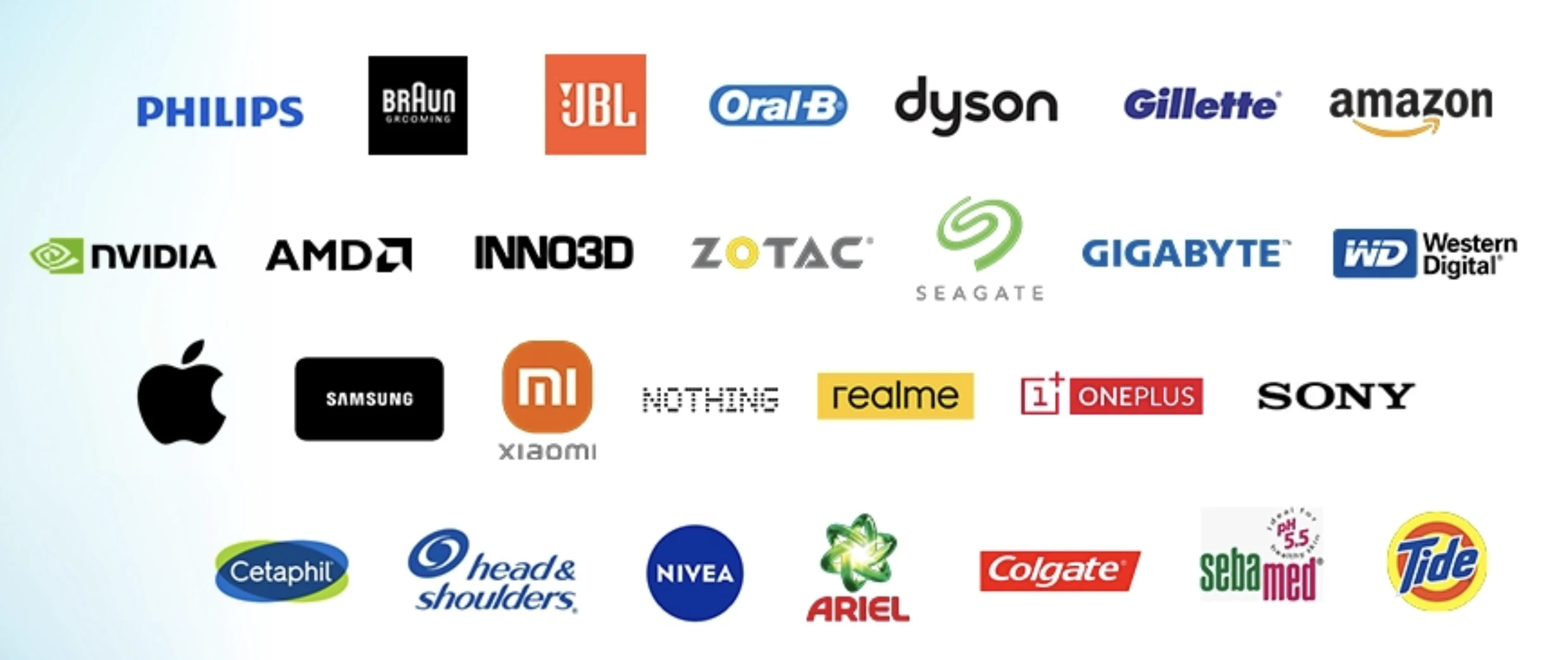 Brands we supply: Philips, Braun, JBL, Oral-B, Dyson, Gillette, Nvidia, AMD, Inno3D, Zotac, Seagate, Gigabyte, Western Digital, Apple, Samsung, Xiaomi, Nothing, Realme, OnePlus, Sony, Cetaphil, Head & Shoulders, Nivea, Ariel, Colgate, Sebamed and Tide