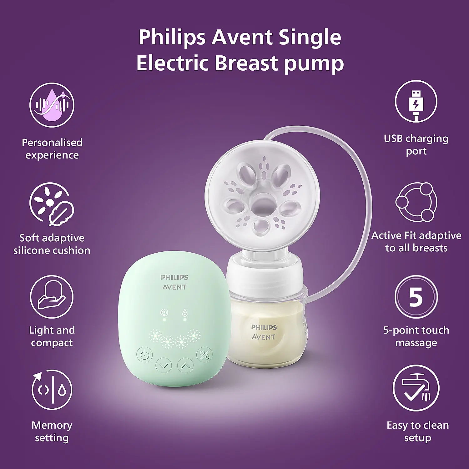 Philips Avent Single Electric Breast Pump | Soft Adaptable Cushion | 4 Massage Modes | Memory Function | SCF323/11 - Image 2