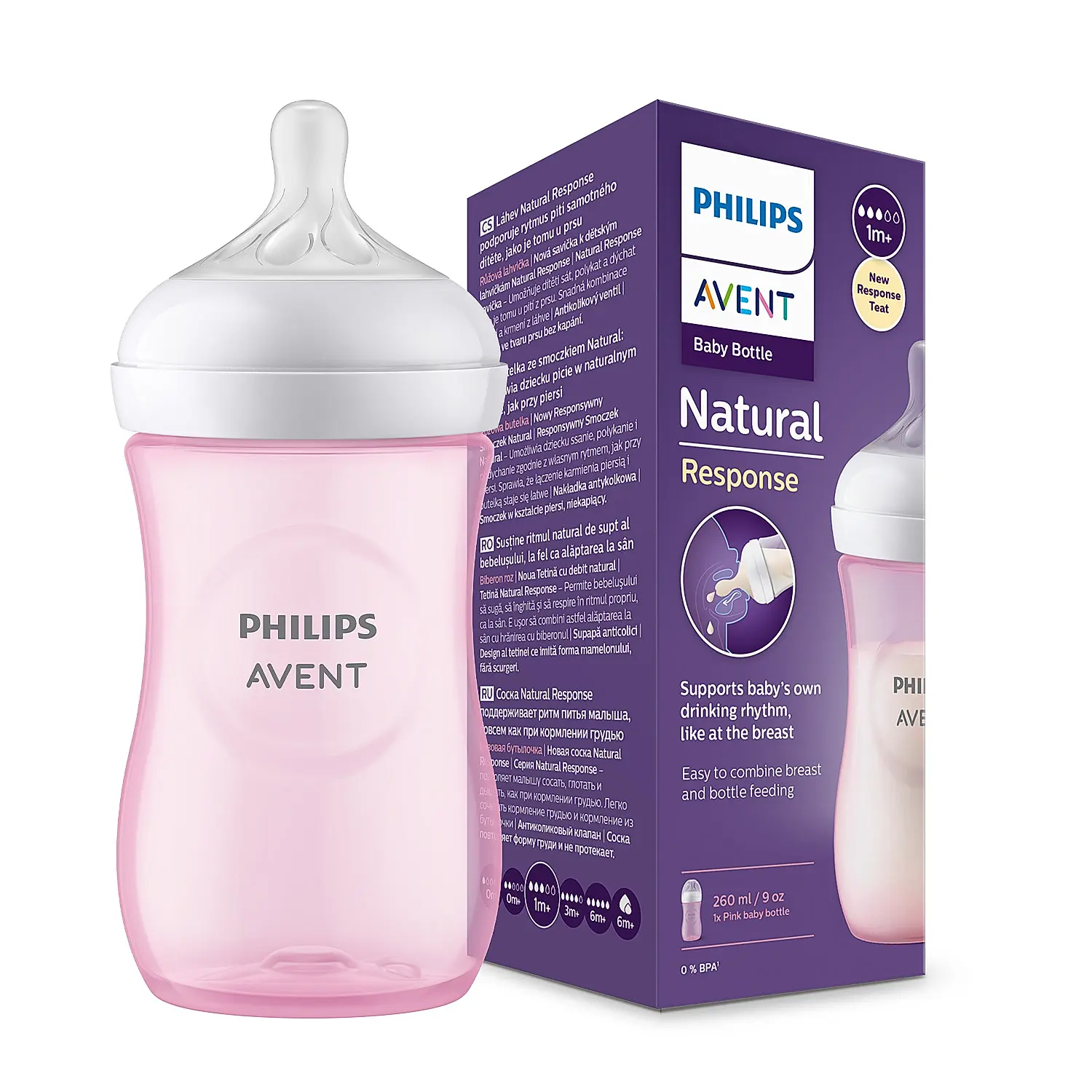 Philips Avent Natural Response Feeding Bottle | Pink | 260ml | BPA Free | for Babies aged 3 to 6 months | SCY903/11