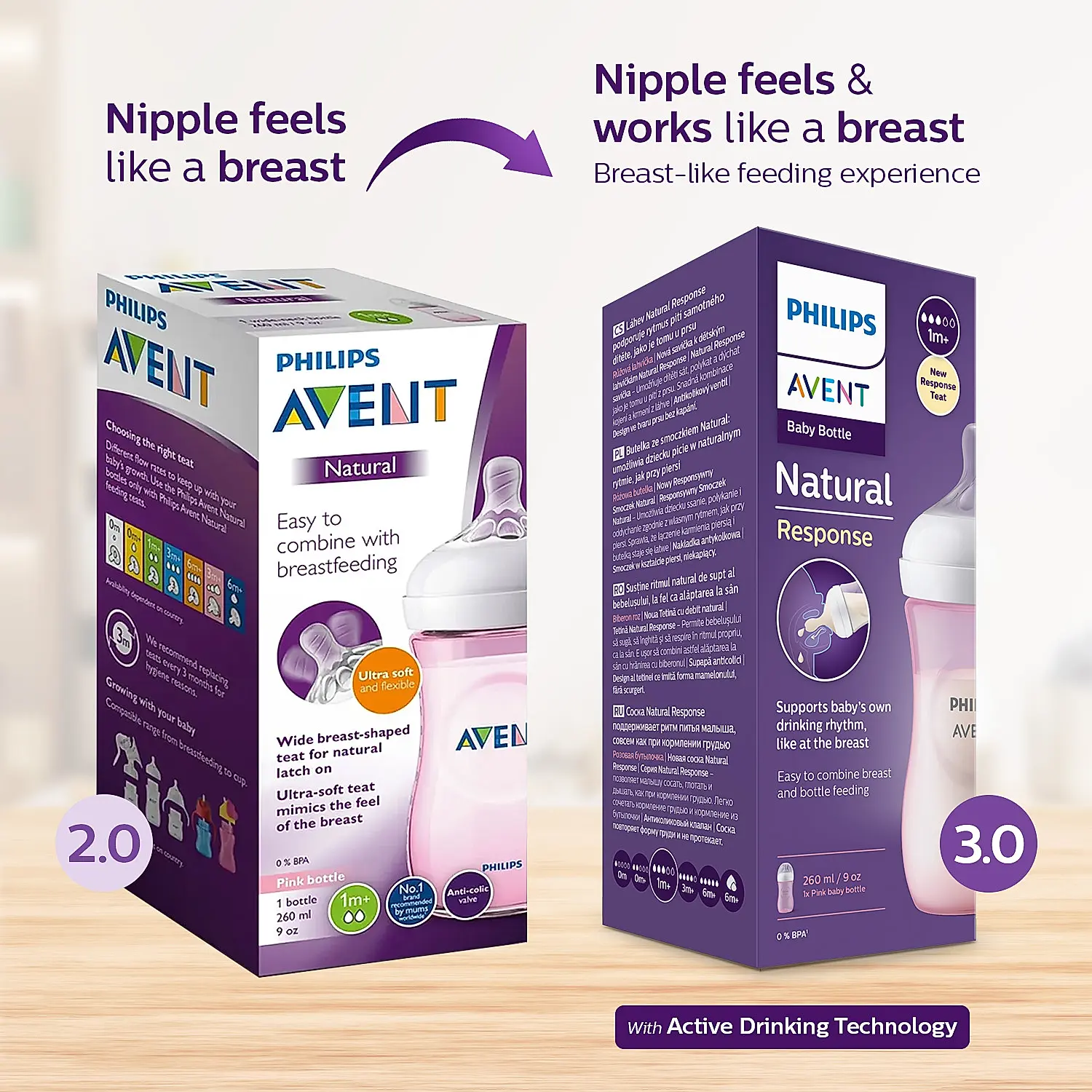 Philips Avent Natural Response Feeding Bottle | Pink | 260ml | BPA Free | for Babies aged 3 to 6 months | SCY903/11 - Image 3