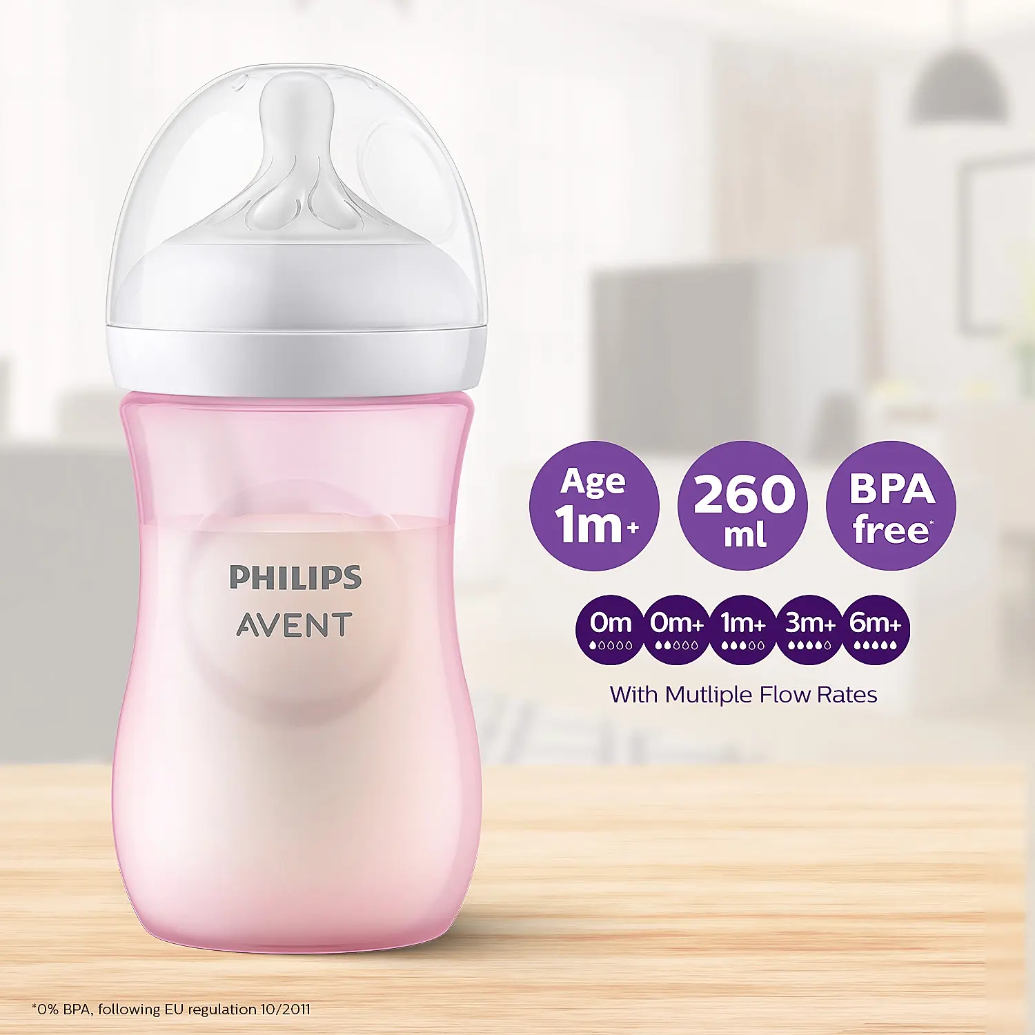Philips Avent Natural Response Feeding Bottle | Pink | 260ml | BPA Free | for Babies aged 3 to 6 months | SCY903/11 - Image 4