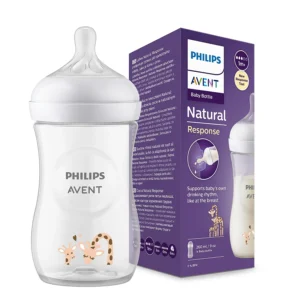 Philips Avent Natural Response Feeding Bottle for Babies aged 1 month and above 260ml | Pack of 1 | BPA Free | Giraffe Pattern| SCY903/66