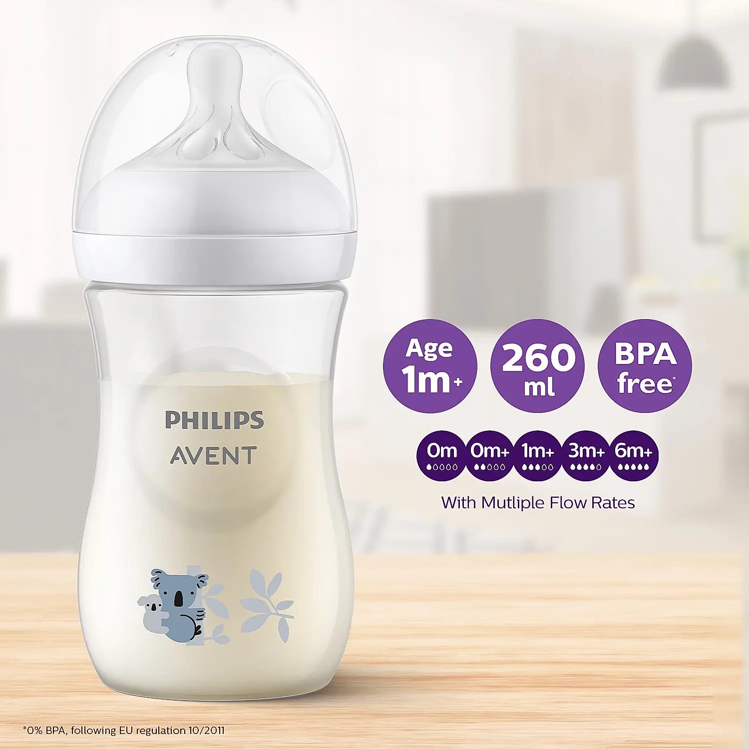 Philips Avent Natural Response Feeding Bottle for Babies aged 1 month and above | 260ml | Pack of 1 | BPA Free | Koala Pattern| SCY903/66 - Image 2