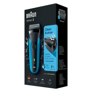 Braun Series 3 310s Wet & Dry shaver with 3 flexible blades, black / blue.
