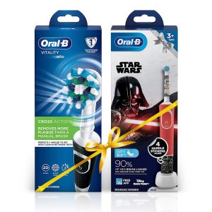 Oral B Vitality 100 Black Criss Cross Electric Rechargeable Toothbrush Powered by Braun and Oral-B Kids Electric Rechargeable Toothbrush Featuring Star Wars Characters
